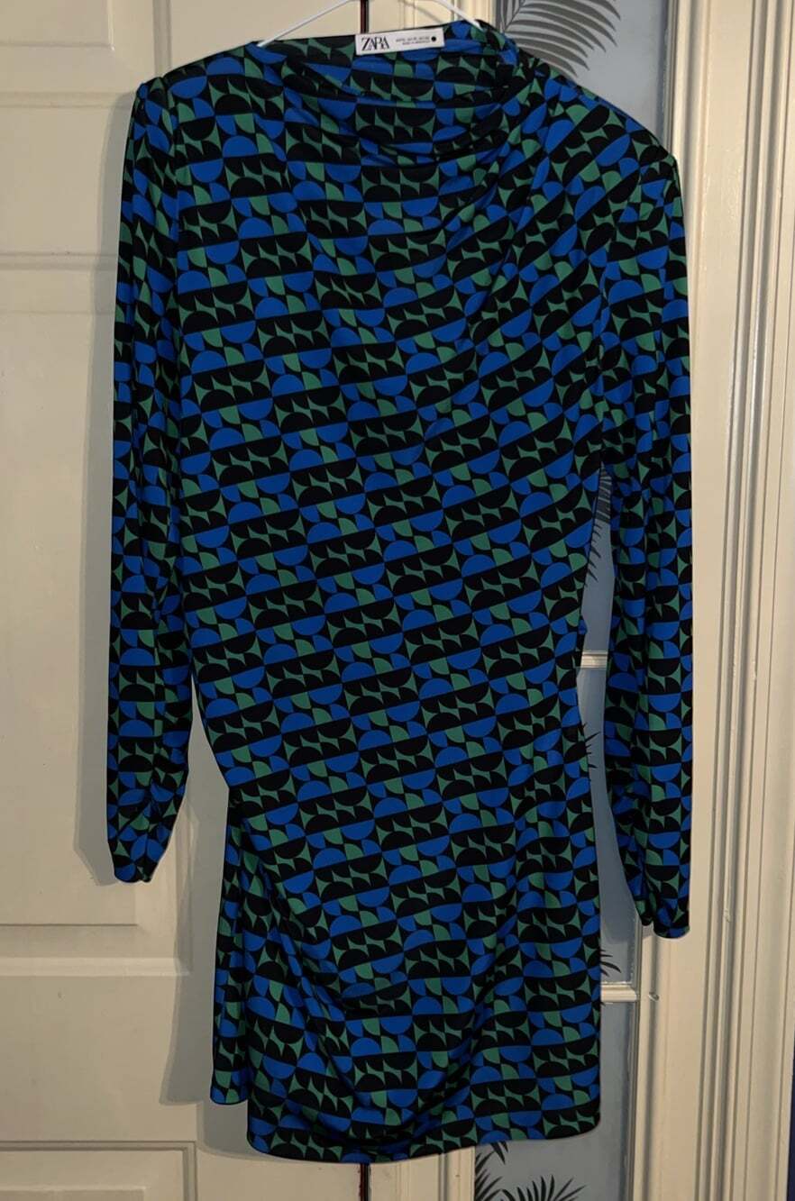 Zara Long Sleeve Geometric Mock Neck Mini Bodycon Dress Size XL Blue Green - Picture 3 of 7